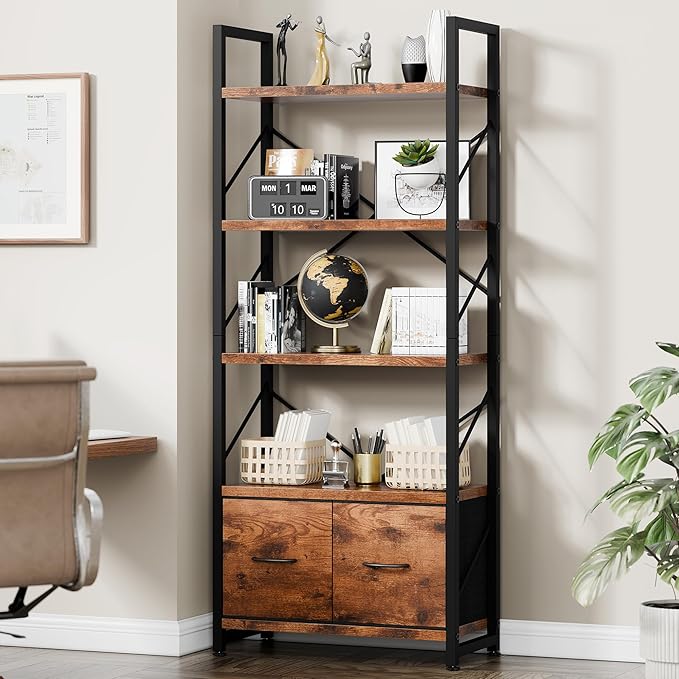 Vongrasig 5 Tier Bookshelf with 2 Drawers, Industrial Tall Bookcase, Modern Display Bookshelves Wood and Metal Shelf, Free Standing Storage Organizer for Office, Living Room, Brown