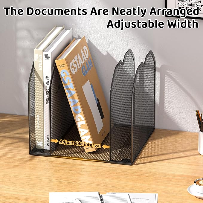 Black 5-Section File Folder Organizer for Desk – Metal Vertical File Holder, Desktop File Organizer Vertical Stand, Letter/A4 Folder Rack, Upright File Sorter