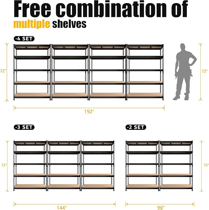 PrimeZone 48" x 24" x 72" Heavy Duty Storage Shelves - 5 Tier Adjustable Garage Storage Shelving, Metal Storage Utility Rack Shelf Unit for Warehouse Pantry Closet Kitchen, Black