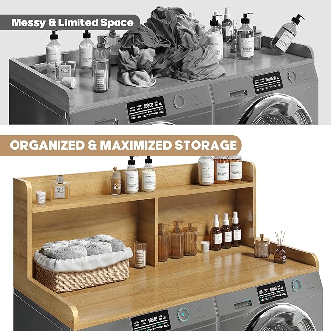 2-Tier Washer Dryer Countertop, 18.5" Raised Height Laundry Countertop with Edge Rails and Non-Slip Pad, 54"W x 27.55"D Washer and Dryer Topper for Laundry Room Storage Organization (Pure Wood Color)