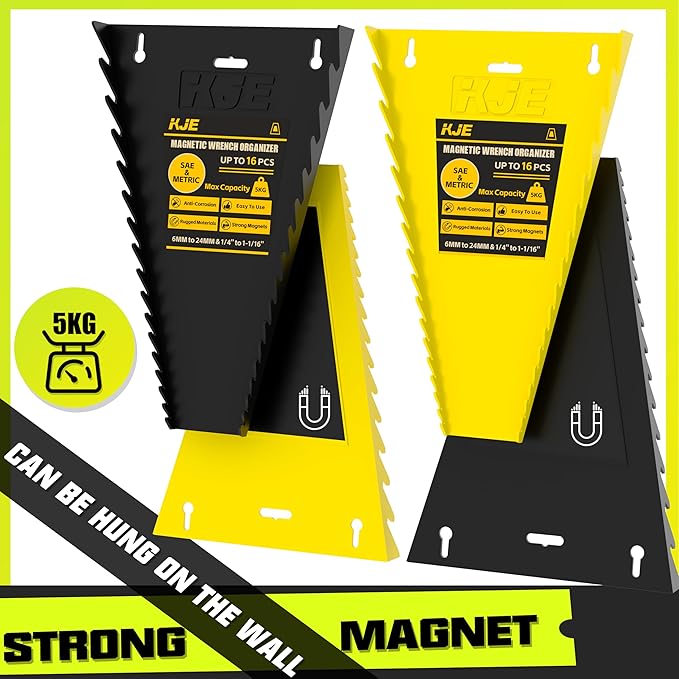 KJE 4Pack Magnetic Wrench Organizer, 64-Slot Wrench Rack Tool Trays, Magnetic Wrench Set Holder SAE(1/4" - 1-1/16") and Metric(6MM-24MM)