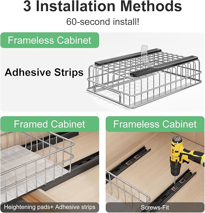 Pull out Cabinet Organizer, Stainless Steel 2-Pack Slide out Drawer with Silent Full-Extension Slides, Adhesive Roll out Can Spice Storage Basket Shelf Rack for Pantry, Kitchen, Bathroom, Home Closet