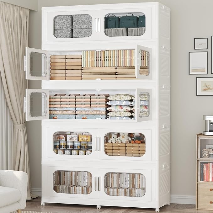 250GAL Extra Large Storage Bins with Lid, 1000QT Storage Bins with Wheels, Folding Closet Organizer, Stackable Collapsible Plastic Storage Containers for Home, Office, Kitchen, 5Pack White