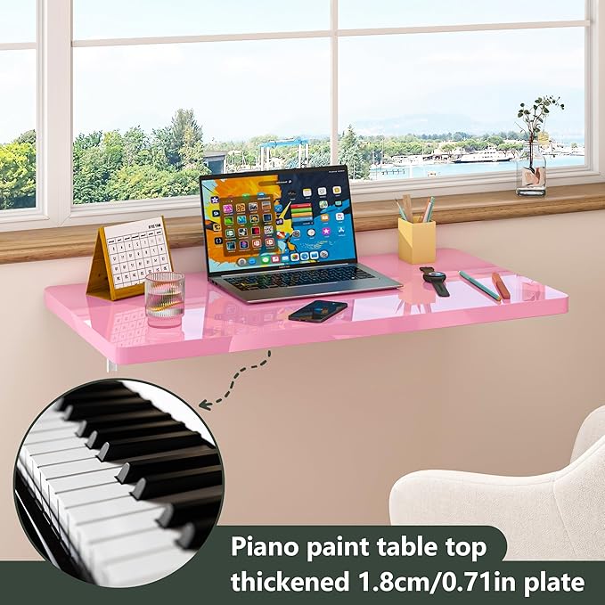 Clikuutory Wall Mounted High Gloss Folding Table, Wall Desk Fold Down for Small Spaces, Folding Workbench for Laundry Room, Home Office, Kitchen, Bedroom, Home Bar, Pink (31.5"×15.7")
