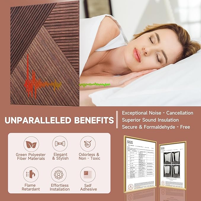 TO-TH Acoustic Panels for Wall and Ceiling - 6 Pack 2'x2'x0.4",Self-Adhesive 3D UV Printing Decorative Wall Panels with Wood Look,Red Sandalwood