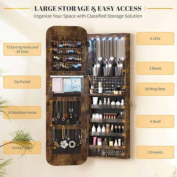 Vlsrka 47.2" LED Mirror Jewelry Cabinet, Wall/Door Mounted Full Length Mirror with Storage, Lockable Jewelry Armoire with Mirror, Rounded Corner Hanging Mirror Jewelry Organizer, Rustic Brown