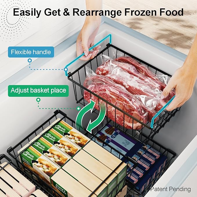 iSPECLE Freezer Organizer Bins - 4 Pack Stackable Deep Freezer Organizer Bins for 5 Cu.Ft Chest Freezer Easy Get Food from Bottom without Digging, Add Space Sort Store More Frozen Food, Black