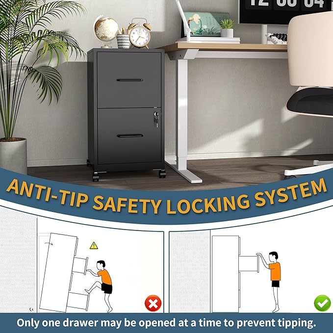 2 Drawer File Cabinet on Wheels, Mobile Filing Cabinets with Lock, Metal Storage Cabinet, Vertical Filing Cabinets for Home Office, Rolling File Cabinet for Under Desk, Amssebly Required,Black