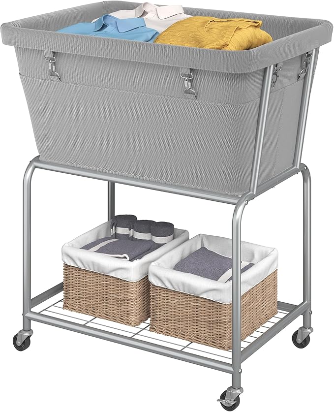 ELYKEN Laundry Cart with Wheels, Rolling Laundry Hamper with Removable Bag and Shelf, Metal Frame Laundry Basket with 4 Casters and 2 Brakes, Ideal for Bedroom, Bathroom, Laundry Room, Gray