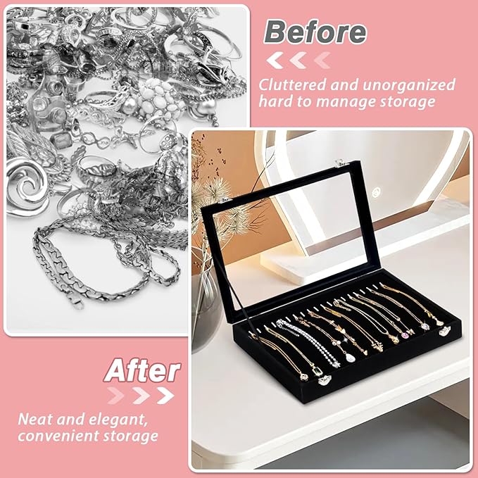 Cirhy Necklace Organizer Box, Anti-Tarnish Jewelry Box & Dustproof Necklace Case, Velvet Jewelry Tray for Drawer Storage, Tangle-Free Jewelry Organizer with Clear Lid, Christmas Gift for Women & Girls