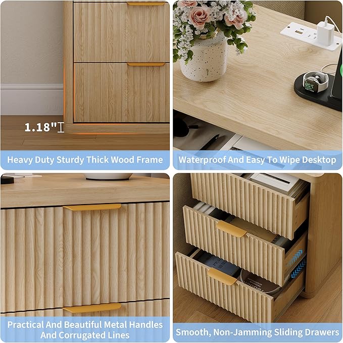 GarveeHome Fluted Nightstand with Charging Station, Bedside Table with 3 Drawers Storage Space, Metal Handles and Rounded Corners for Safety, Side Tables, End Table Bedroom, Living Room