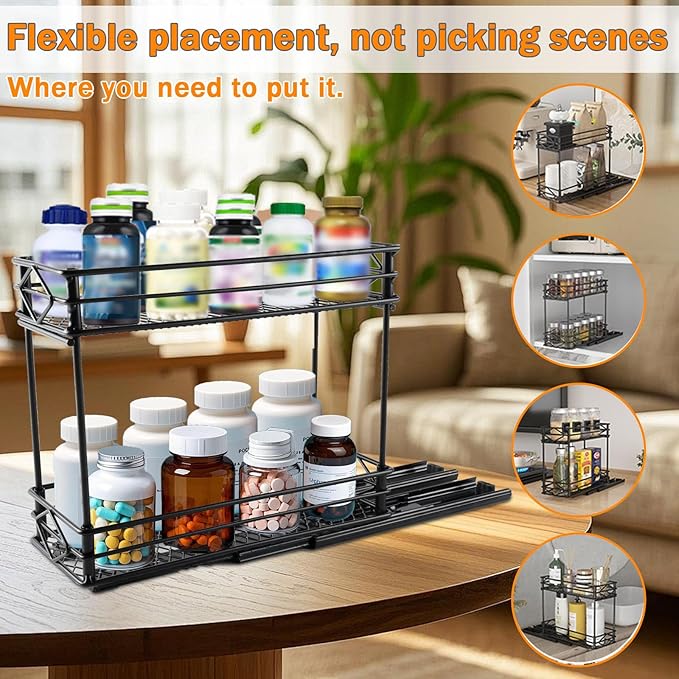 Pull Out Medicine Organizer,Slide Out Storage Drawers,Spice Rack Organizer for Cabinet,Pill Bottle Storage for Holding Vitamins,Supplements Cosmetics,10.43”L x 4.33”W x 7.87”H,2 Tier,Black