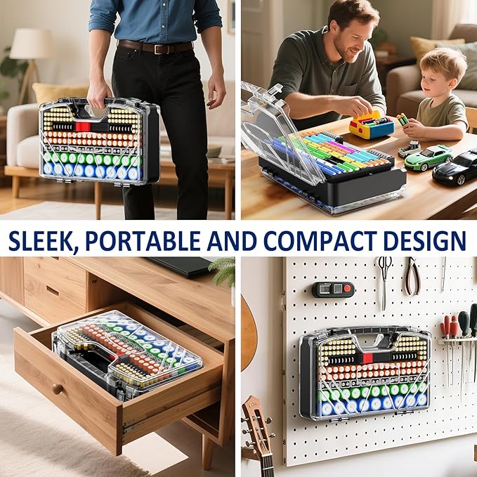 Battery Organizer Storage Holder Box Case with Tester - 285 Batteries Double-Sided Variety Pack, Holds AA AAA 4A C D Cell 9V 3V Lithium LR44 CR2 CR123 CR1632 18650 Button