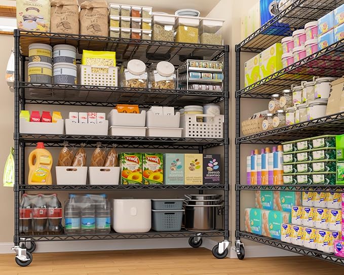 PrimeZone 2 Packs 48" W x 24" D x 81" H Heavy Duty Wire Storage Shelves with Wheels, 5 Tier Adjustable NSF Certified Garage Shelving Unit, Rolling Metal Organizer Shelf Rack for Warehouse, Pantry