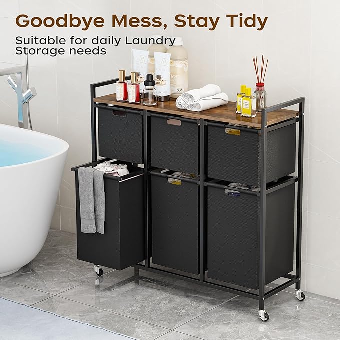 HOMEIJU Laundry Basket with Wheels, Rolling Laundry Hamper Organizer with Large Desktop, Laundry Sorter with 6 Pull-Out and Removable Laundry Bags, Metal Frame, Rustic Brown and Black
