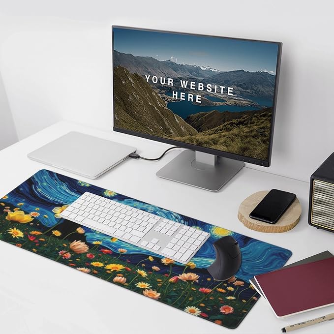 Starry Night Large Mouse Pad, Vintage Aesthetic Flowers Gaming Desk Mat, XXL Keyboard Desk Pad Mat for Desktop, 35.4"x15.7" Non-Slip Base Big Mousepad with Stitched Edges