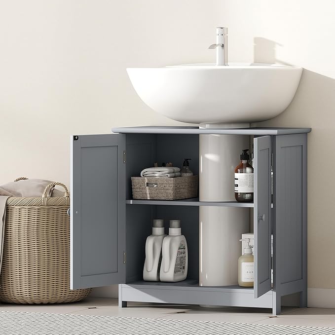HOMCOM Under Sink Bathroom Cabinet with 2 Doors and Shelf, Pedestal Sink Bathroom Vanity Cabinet, Gray