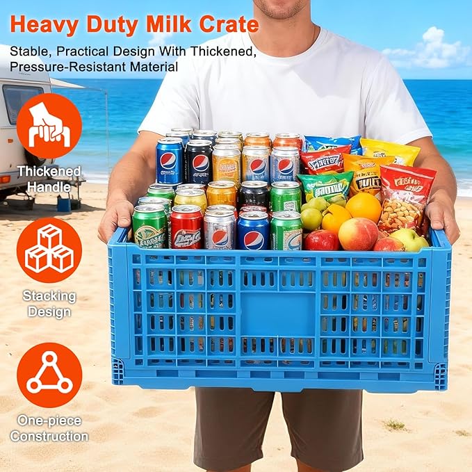 72L Collapsible Milk Crates with Handles, Plastic Storage Crates, Milk Crates for Storage, Foldable Storage Crate for Organizing, Grocery & Camping (1 pack) (23.6 "L × 15.7" W × 11.82 "H)
