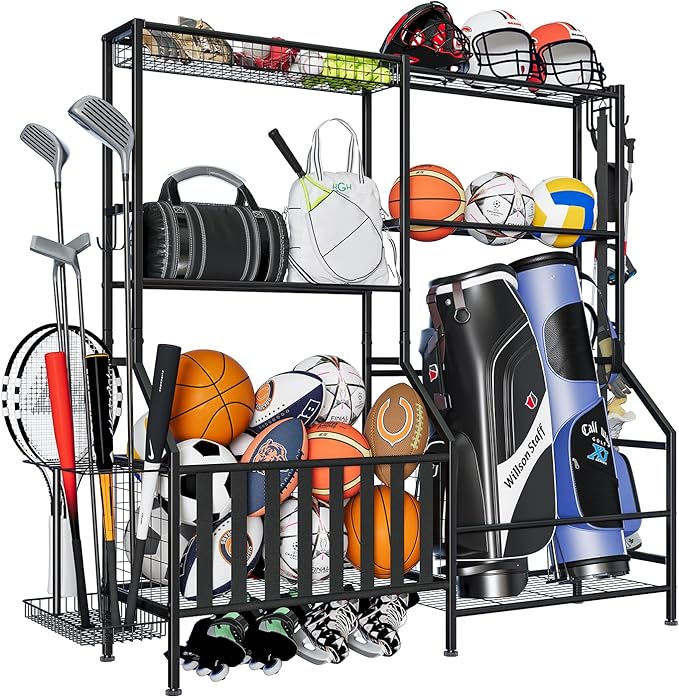 Sports Equipment Organizer, Heavy Duty Golf Bags Stand, Extra Large Ball Storage Rack for Garage