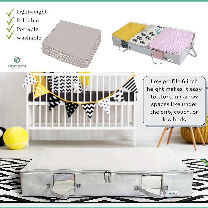 Under Bed Storage Containers for Toys, Clothes, Shoes etc. Underbed Organizer Bag that slides Under the bed without friction or wheels. Low profile 6 height is great for under the couch or other