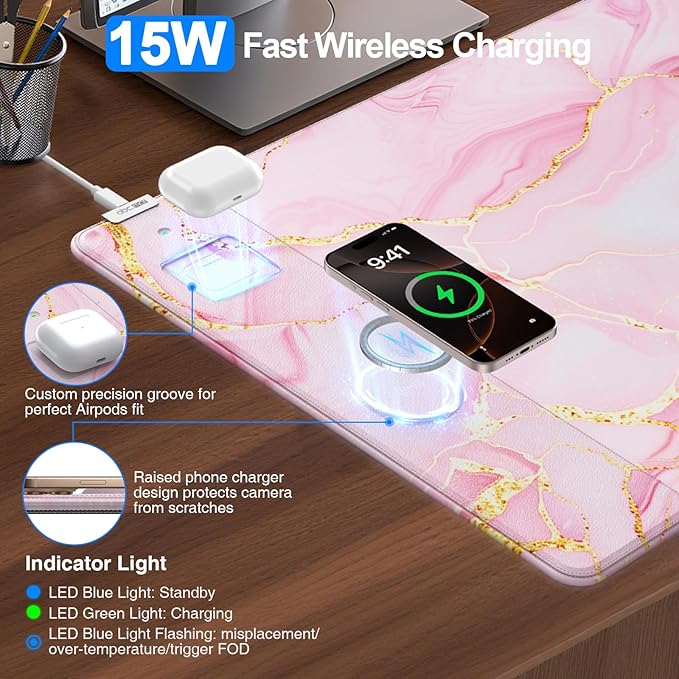 Wireless Charging Mouse Pad, 31.5"x15.8" Large Gaming Desk Mat for Keyboard/Laptop, Waterproof Ultra-Smooth Surface, Non-Slip Base, with 20W PD Adapter, Pink Marble
