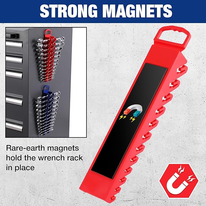 WORKPRO 2-Pack Magnetic Wrench Organizer, 12-Piece Gripper Wrench Holder for Stubby or Line Wrenches, Quality Wrench Rack Fits for SAE (1/4” to 15/16”) and Metric (6mm to 24mm), Flexible Teeth