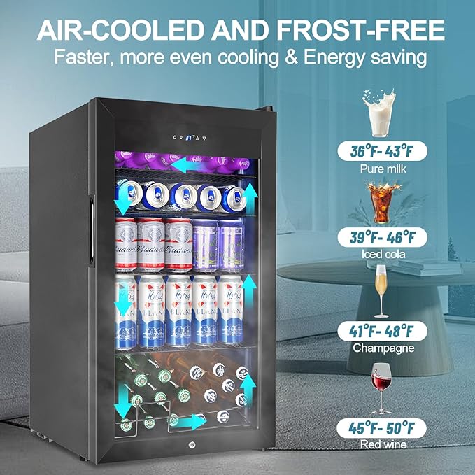 128 Cans Beverage Refrigerator Cooler, 3.2 Cu.Ft Mini Drink Fridge Glass Door for Drink Beer Soda Wine, Small Beer Fridge with 4 Removable Shelves for Kitchen Bedroom, Office Bar Gaming Room, Black