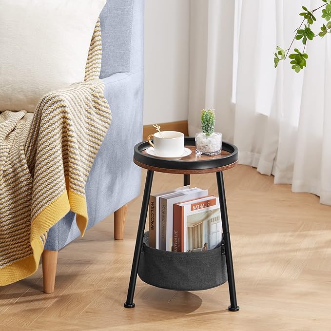 Round End Table, Round Side Table with Storage Basket,11.8*17.8”Round Sofa Table,Small Round Table,Small Coffee Table Living Room Bedroom