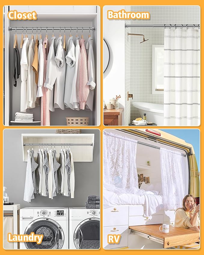 Closet Rod, 17 to 52 Inch Heavy Duty Adjustable Metal Clothing Rack for Hanging Clothes, Closet Poles for Wardrobes, Laundry, Durable Steel, Silver