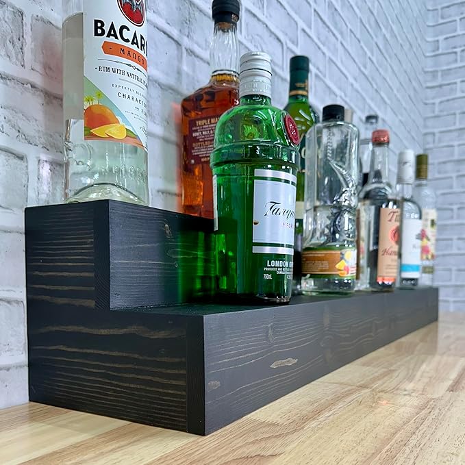 2 Tiered Countertop Liquor Bottle Display Shelf — Holds 26 Bottles Bar Organizers for Wine & Whiskey — Free Standing Bottle Stand for Home, Bar Decor — Wooden Kitchen Counter Shelf, Black