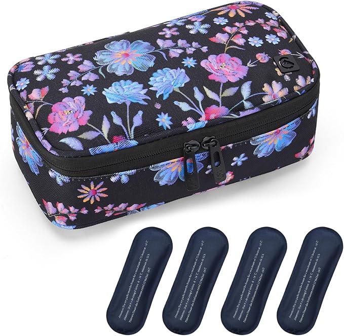 ALLCAMP Insulin Cooler Travel Case Diabetic Medication Cooler with 4 Ice Pack - Medical Cooler Bag Portable and Reusable Flower Pattern (9X 4.72x 3.14 inches)
