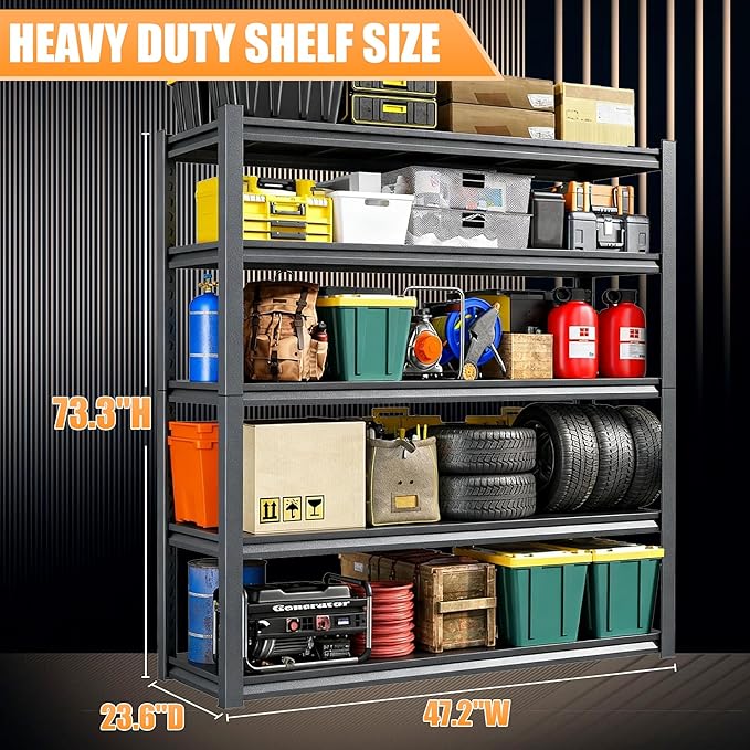 47.2''W*23.6D'' Garage Shelving, 3000lb Heavy Duty Shelving, Adjustable Metal Shelving Garage Storage Shelves 5 Tier Utility Shelf Unit Metal Shelf Rack for Basement Industrial Black