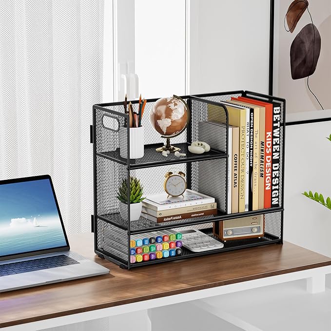 Marbrasse 3-Tier Desk Shelf Organizer with Handle, Desktop Bookshelf File Holder, Mesh Display Shelf Organizer Storage Rack for Office, Home, Supplies, Kitchen (Black)