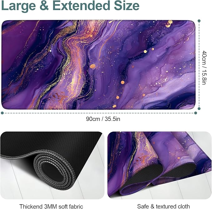 Purple Gaming Mouse Pad 35.4"x15.7"Desk Mat Anti-Slip Rubber Base & Durable Stitched Edges for Gamers Smooth Mouse Writing Surface for Desk Office/Home