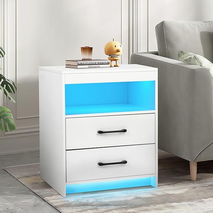 Night Stand with Charging Station and Ambient Light, LED Nightstand with USB-C Ports and Outlets, Morden Bedside Table with 2 Drawers and Open Compartment, End Table for Bedroom, White