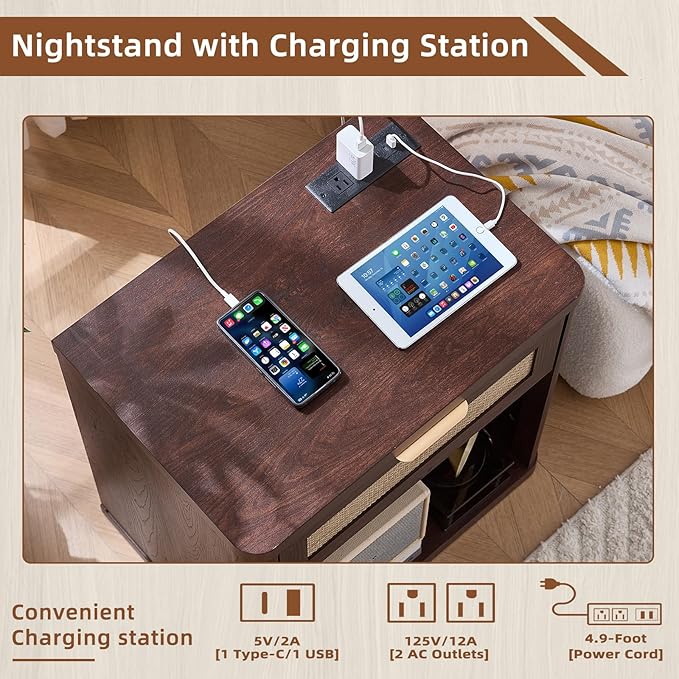 LEYAOYAO Rattan Nightstands Set of 2 with Charging Station, Walnut Night Stand with Drawer, 23" Wide Boho Bedside Table with Storage Shelf, Bed Side End Tables for Bedroom, Living Room, Hallway