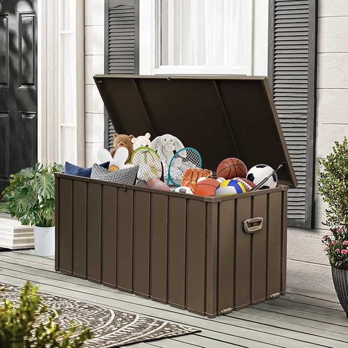 Domi 120 Gallon Metal Deck Box Waterproof, Outdoor Storage Box with Lock Wheels Side Handles, Outside Storage Box for Patio Cushions, Shoes & Pool Tools