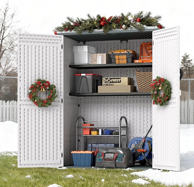 EHHLY Vertical Resin Storage Shed, 60 Cuft Garden Tool Sheds & Outdoor Storage, Plastic Outdoor Storage Cabinet Waterproof, 4.5 x 2.3 ft Backyard Outside Lawn Mower Storage Shed, Light Grey
