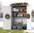 EHHLY Vertical Resin Storage Shed with 2 Shelves, 60 Cuft Garden Tool Sheds & Outdoor Storage, Plastic Outdoor Storage Cabinet Waterproof, 4.5 x 2.3 ft Outside Lawn Mower Storage Shed, Light Grey