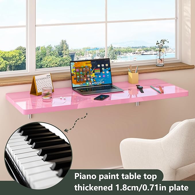 Clikuutory Wall Mounted High Gloss Folding Table, Wall Desk Fold Down for Small Spaces, Folding Workbench for Laundry Room, Home Office, Kitchen, Bedroom, Home Bar, Pink (47.2"×19.7")