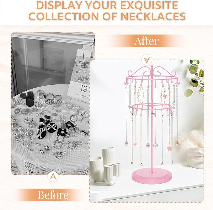 iDavosic.ly 2 Tier Rotating Necklace Holder Organizer with 42 Hooks, Adjustable Metal Bracelet Display Stand Rack, Extra Tall Keychain Spinning Tree Tower for Women, Pink