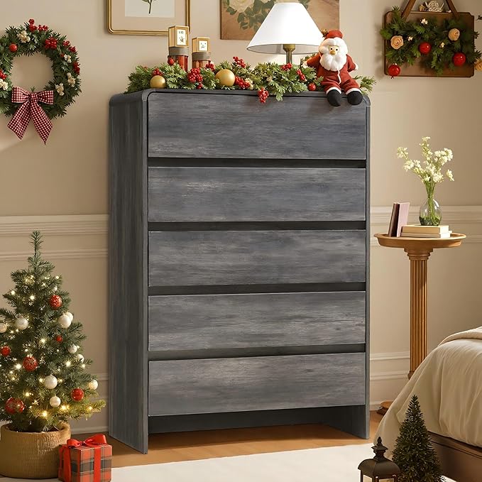 AMERLIFE 5 Drawer Dresser for Bedroom, 48" Tall Modern Chest of Storage Drawers with Rounded Corners, Anti-Tip Kit, Wood Cabinet Organizer for Closet, Apartment, Nursery, Easy Assembly, Black