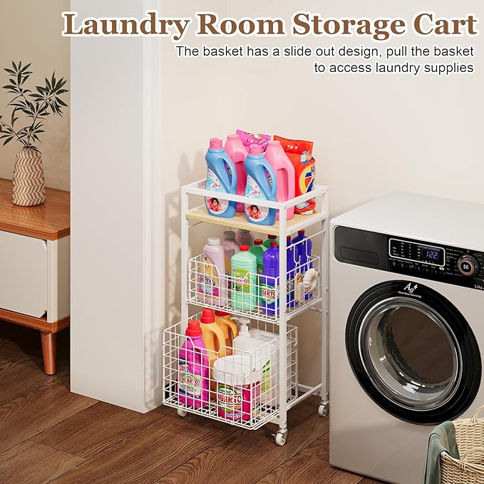 3 Tier Laundry Room Cart with Pull-Out Baskets, Utility Cart Rolling Storage Cart with Wheels Bathroom Organizers Storage Shelf with Wood Top Laundry Room Organization and Storage, White