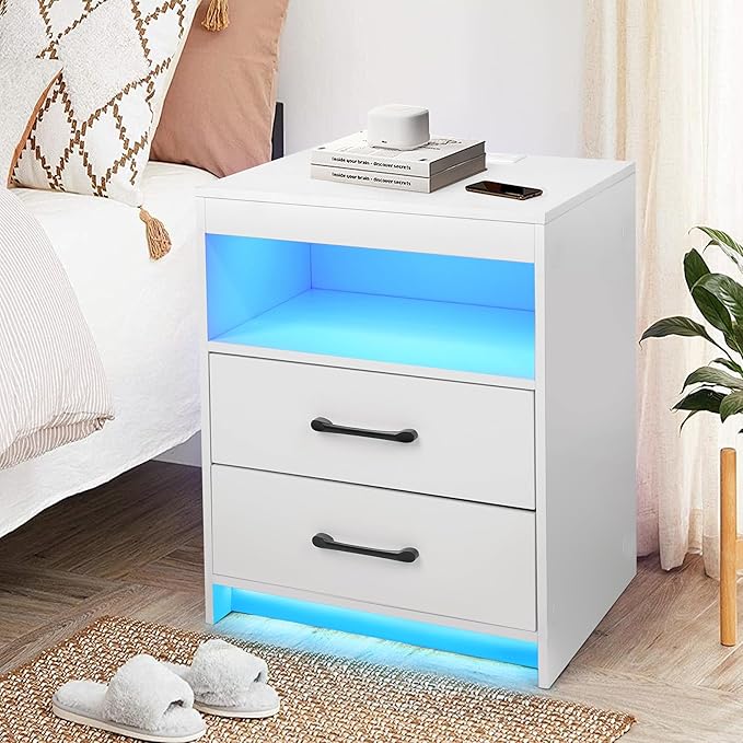 Night Stand with Charging Station and Ambient Light, LED Nightstand with USB-C Ports and Outlets, Morden Bedside Table with 2 Drawers and Open Compartment, End Table for Bedroom, White