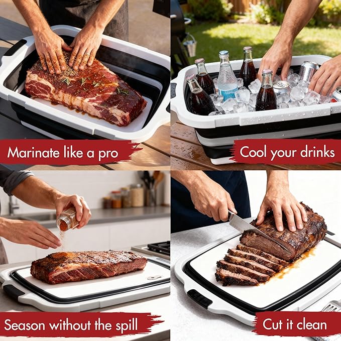 KITCHEN PERFECTION Collapsible XL Smoker & BBQ Prep Tub with Locking Lid & Cutting Board - Grill Caddy Container for Meat Marinating & Brine Perfect For Brisket, Turkey & Ribs - Best Gift For Men