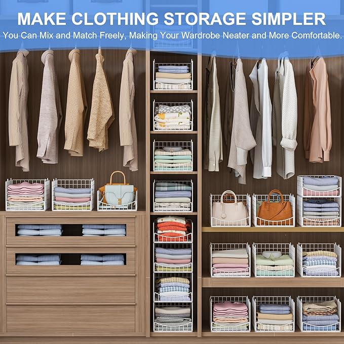 4-Tier Stackable Closet Organizers and Storage Shelves, Foldable & Mutifunctional Clothes Storage Basket Sweater Organizer Bins Container for Wardrobe Bathroom, White (Patent Pending)