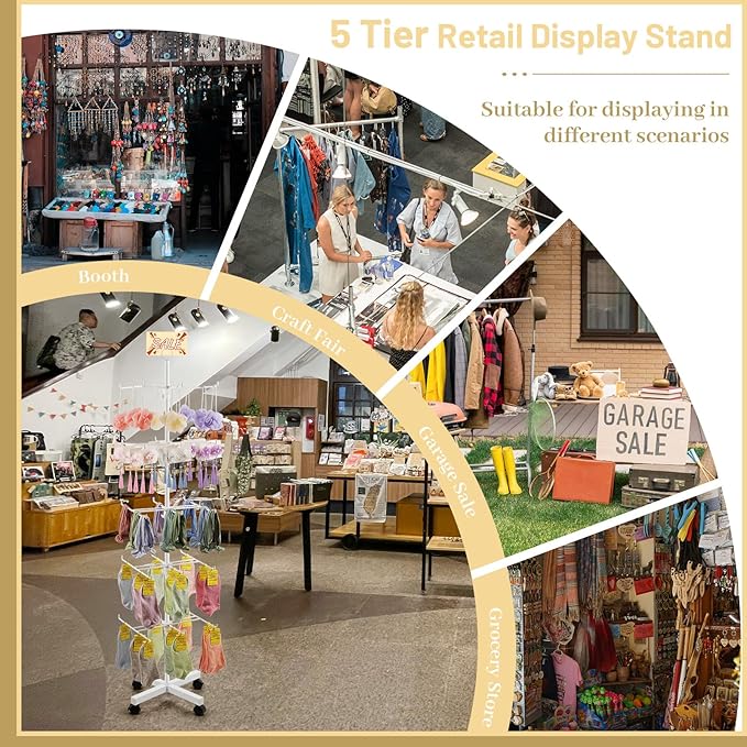 Retail Display Stand Rotating Display Rack 5 Tier Spinning Display Stand for Craft Shows, Jewelry, Keychain, Earring Adjustable Height Retail Display Racks (5-Tier White)