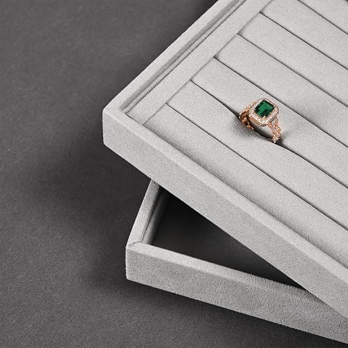 Jewelry Display Tray - Gray Microfiber Ring & Earring Organizer (13.8 x 9.4 Inches) - for Home or Store Use