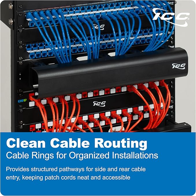 ICC 2U Ring Cable Manager Panel with Cover, Plastic with Metal Back Frame, 4" D-Rings, Horizontal Cable Management, Rackmount for 19” Network Racks, Black, 6-Pack