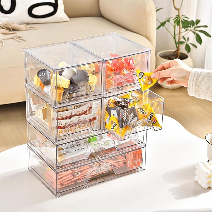 Stackable Makeup Organizer Storage Drawers Set of 6, Clear Plastic Organizer Bins for Beauty Supplies,Ideal for Vanity, Bathroom,Cabinet,Pantry Organization (2Long 4 Short)